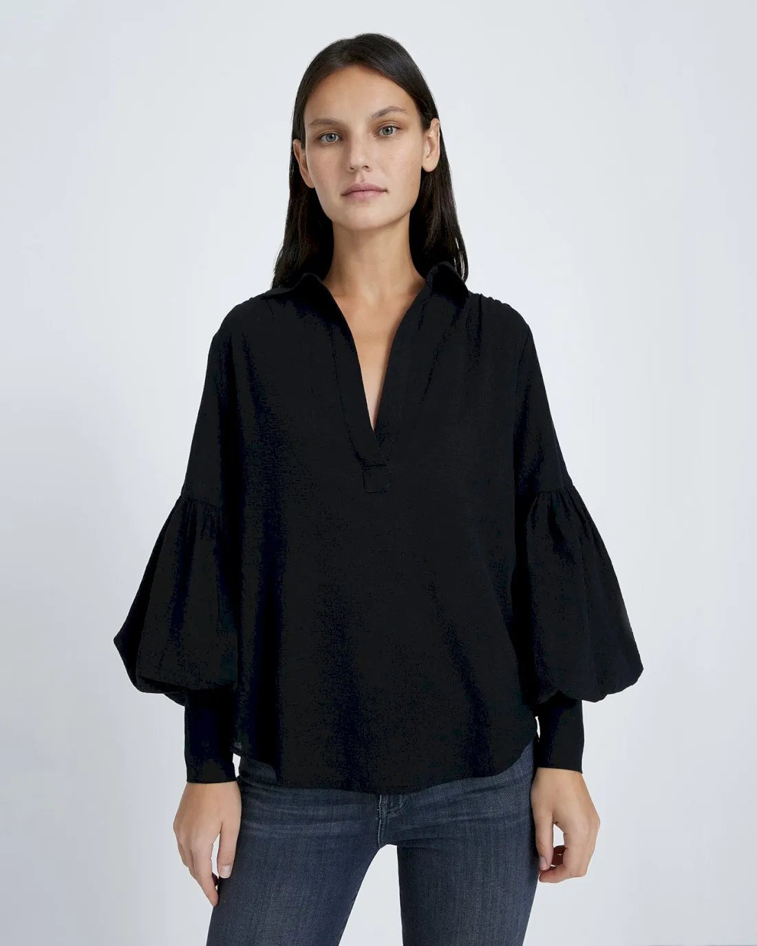 Balloon Sleeve Crepe Top In Jet Black