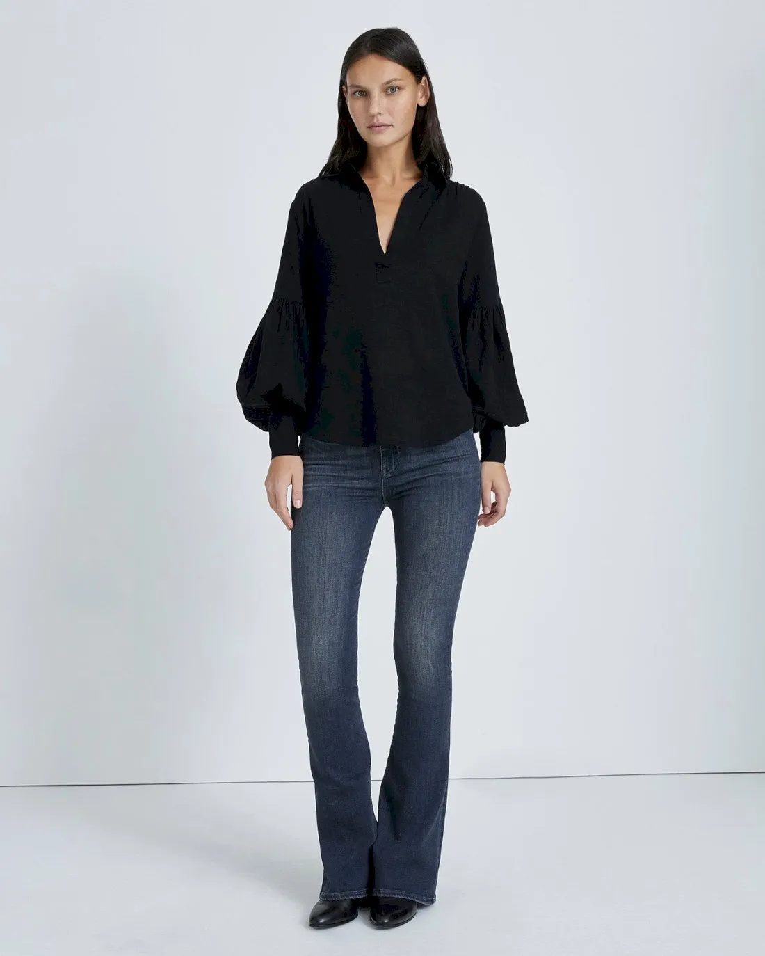 Balloon Sleeve Crepe Top In Jet Black