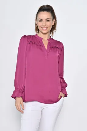 Cali & Co V-neck Frill Sleeve Satin Top Purple