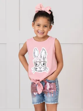 Pink Bunny Tie Tank & Sequin Denim Shorts Outfit