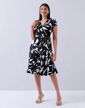 Printed Cap Sleeves Wrap Dress